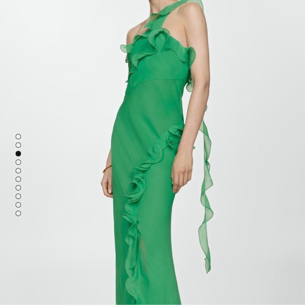 Mango- Green Asymmetrical Ruffle Dress- Size 8